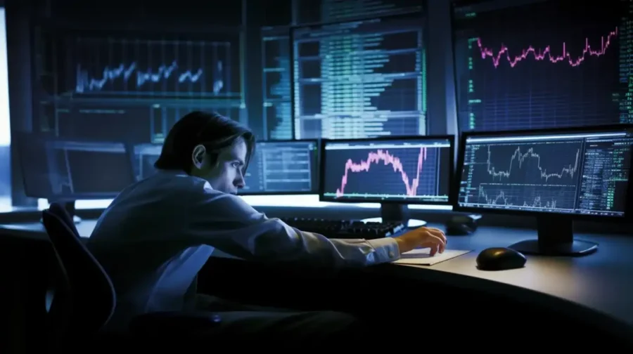 trader at desk with stop loss trailing 