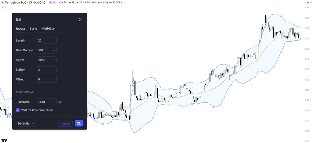 Customizing Bollinger Bands Settings